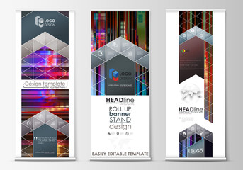 Roll up banner stands, flat design templates, abstract style, modern concept, corporate vertical vector flyers, flag layouts. Glitched background made of colorful pixel mosaic. Glitch backdrop.