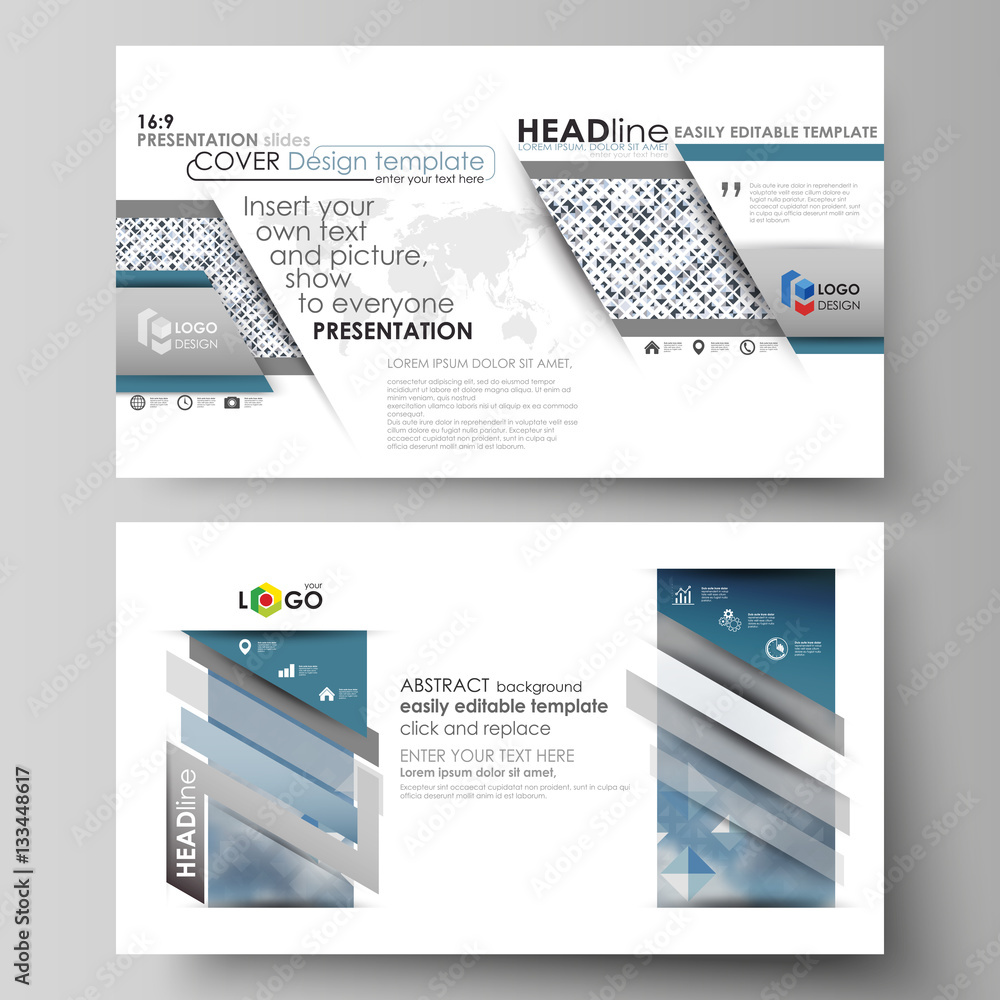 Poster business templates in hd format for presentation slides. vector layouts in flat style. blue color pa