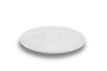 Flat white shallow porcelain saucer on white background from side