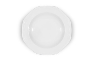 Soup deep white plate with wide shoulders and embellishment on white background from above
