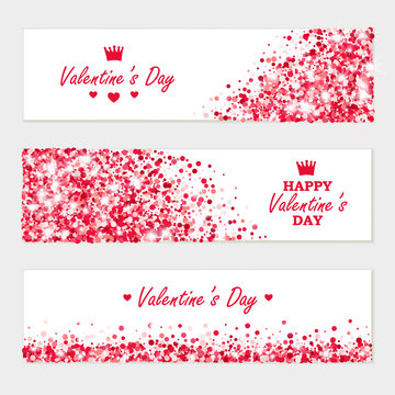 Valentines Day Red Glowing horizontal white Banners set. Vector templates for different projects.