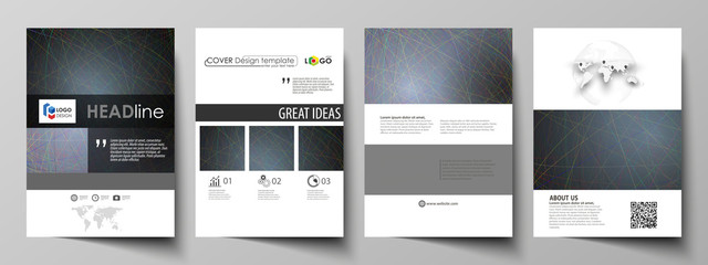 Business templates for brochure, magazine, flyer, booklet. Cover design template, vector layout in A4 size. Colorful dark background with abstract lines. Bright color chaotic, random, messy curves.