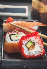 Close-up shot of sushi rolls