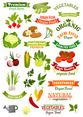 Vegetables vector isolated icons vegan ribbons set