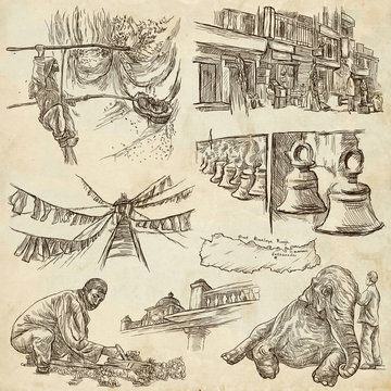 Nepal - Pictures of life. Travel. Full sized hand drawings, orig