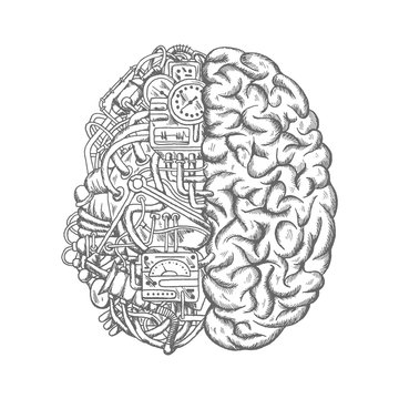 Human brain mechanism engine gears vector sketch