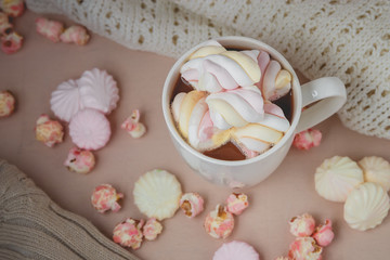 Fototapeta na wymiar Hot chocolate drink with marshmallow, beze, popcorn