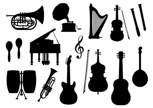 Musical instruments vector silhouette icons