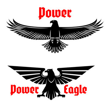 Power eagle icon or heraldic bird symbols set