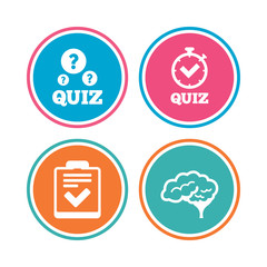Quiz icons. Checklist and human brain symbols.