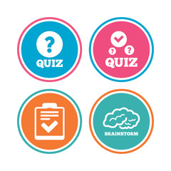 Quiz icons. Checklist and human brain symbols.