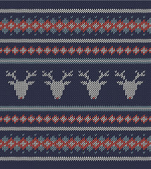 Knitted  texture on blue background with deers