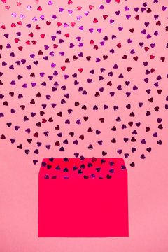 Exploding Red And Pink Heart Confetti From Envelope