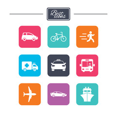 Transport icons. Car, bike, bus and taxi signs.