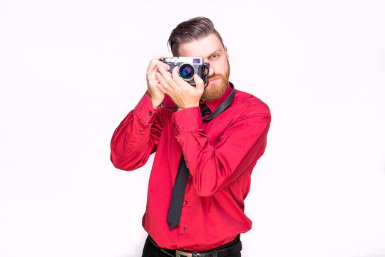 Photographer red shirt stylish taking picture old film digital camera white background