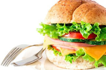 burger sandwiches bread with bacon , ham and cheese 