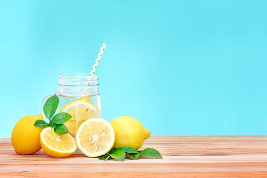  Citrus lemonade water with lemon sliced , healthy and detox 