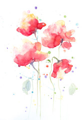 Stylized poppy flowers painting on white, Impressionism style