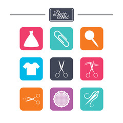 Tailor, sewing and embroidery icons. Scissors.