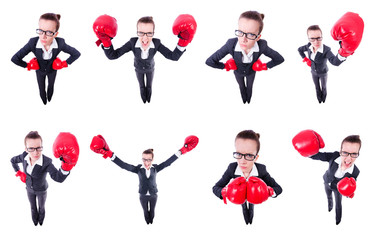 Collage of funny businesswoman on white