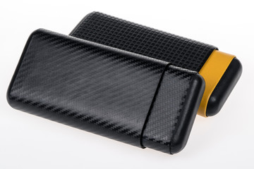 Leather and Carbon Fiber cigar cases for Cuban Cigars, white background