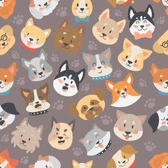 Dogs heads seamless pattern background vector set.