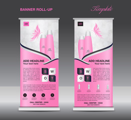 Pink Roll up banner template vector, flyer, advertisement, x-banner, poster, pull up design, display