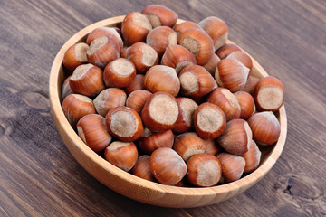 Hazelnuts in a bamboo bowl