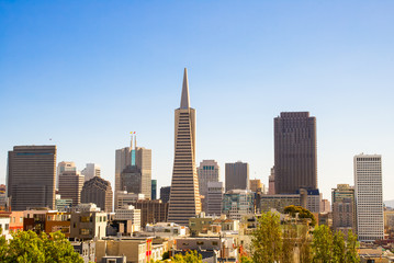 San Francisco cityscape skyline on a sunny day.  Down town financial district
