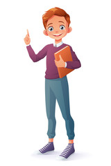 Vector clever smiling boy index finger pointing up with idea.