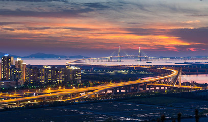 Incheon bridge at Sunset in Aerial view, South Korea.