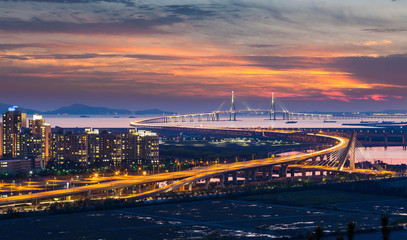 Incheon bridge at Sunset in Aerial view, South Korea.