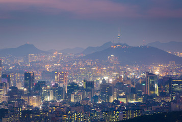 Korea city Skyline and N Seoul Tower in Seoul in Misty day, Sout
