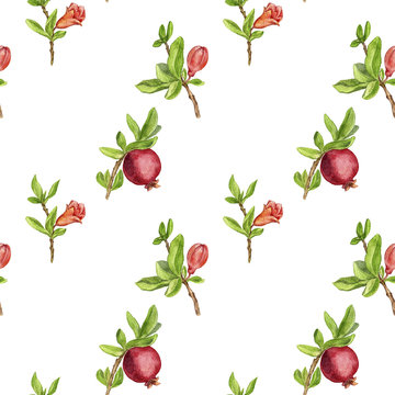 seamless pattern with fruit tree branches , leaves,flowers and pomegranates