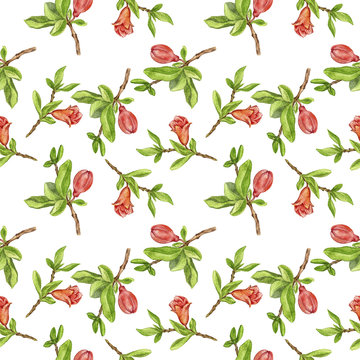 seamless pattern with fruit tree branches , leaves and flowers of pomegranate