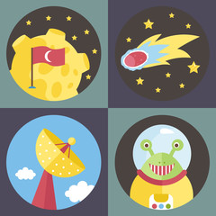 Space objects cartoon icons. Moon with Turkey flag, fiery comet, parabolic antenna, smiling alien in spacesuit vector illustrations on violet and grey background.