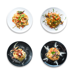 Mushroom Ham chilies spaghetti, spaghetti carbonara bacon, Spicy seafood spaghetti and Chilies pork...