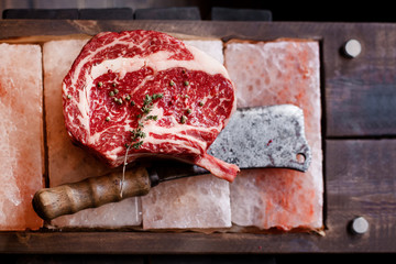 Bone In Rib Eye row Steak on pieces of salt