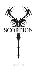 scorpion in black and white. scorpion with the arrow tail. stylized scorpion combine with text.labelled scorpion.Suitable for your product identity, emblem, illustration for automotive, apparel, etc.