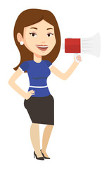 Young woman speaking into megaphone.