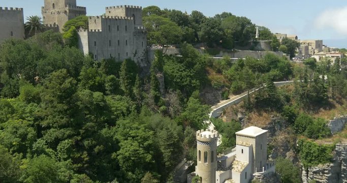 Beautiful panoramic view Norman castle and Torretta Pepoli (a castle which dates from Saracen) in the historic town of Erice, Sicily (Italy)