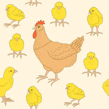 Hand-drawn vector seamless pattern with chickens on beige background. Rural natural bird farming. Illustration for textile, paper, cards, book, web design, banner.