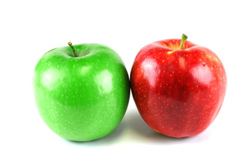 green and red apples on white background