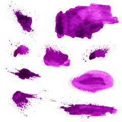 Set of watercolor purple, magenta, violet blobs, isolated on white background. Textures for design. Collection of hand painted splashes, divorces paint.