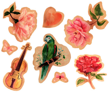 Romantic collection of vintage style cutouts with watercolor dra