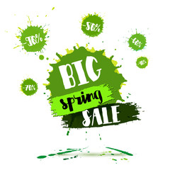 Big Spring SALE poster. Watercolor banner with ink splashes and brush hand lettering for your business. Amazing discounts flyer. Vector illustration