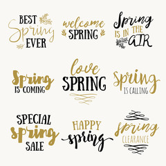 It's spring time lettering greeting cards set. Special spring sale typography poster in gold black and white colors. Vector illustration.