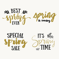 It's spring time lettering greeting cards set. Special spring sale typography poster in gold black and white colors. Vector illustration.