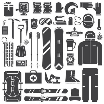 Mountain skiing and snowboarding equipment outline icons. Ski gear snowboard accessories. Jumpsuit, skis, rescue kit and other winter sports and activity elements. Snow ride essentials collection.