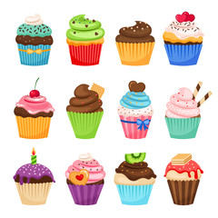 Delicious cupcakes and vector sprinkles muffin set isolated on white background